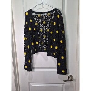 Francescas Black Yellow Sunflower Crochet Cardigan Cropped Cotton Sweater M